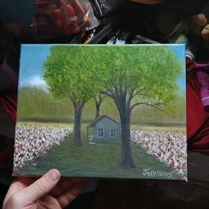 Serene Landscape Painting with Green Trees and Brown House